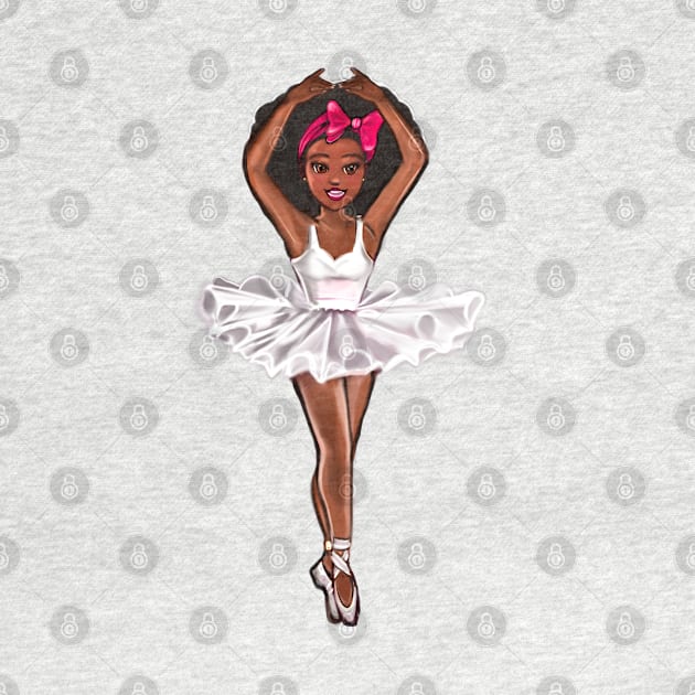 African American ballerina in white tutu and pink bow -#008 afro hair,brown skin ballerina by Artonmytee